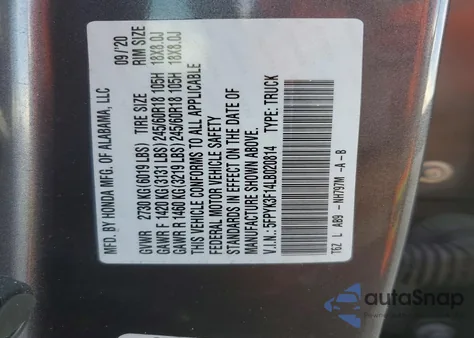 2020 Honda Ridgeline Sport z USA, uszkodzony, nr VIN 5FPYK3F14LB020814